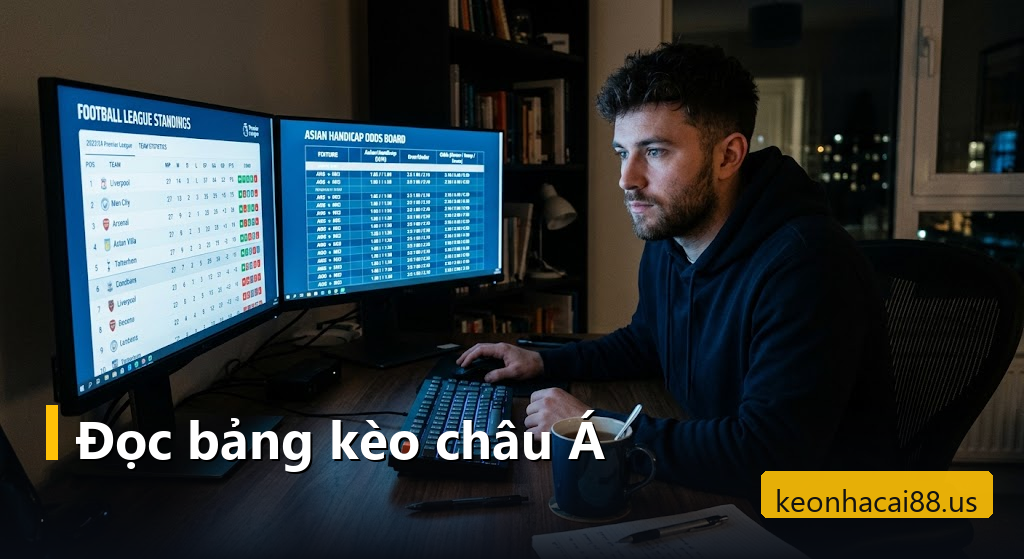 Soi kèo châu Á: quy trình 5 bước đọc và kiểm chứng một dòng kèo chấp trước khi xuống tiền 2 Người chơi ngồi trước hai màn hình mở bảng kèo châu Á nhiều trận đấu ban đêm