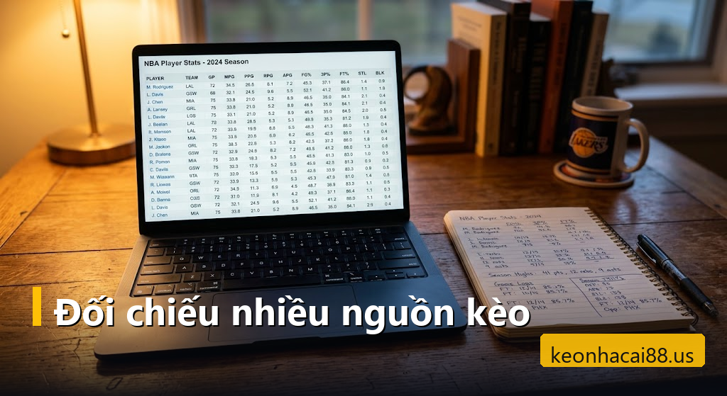 Soi kèo châu Á: quy trình 5 bước đọc và kiểm chứng một dòng kèo chấp trước khi xuống tiền 5 Máy tính xách tay mở bảng thống kê phong độ đội bóng cạnh điện thoại hiển thị kèo chấp