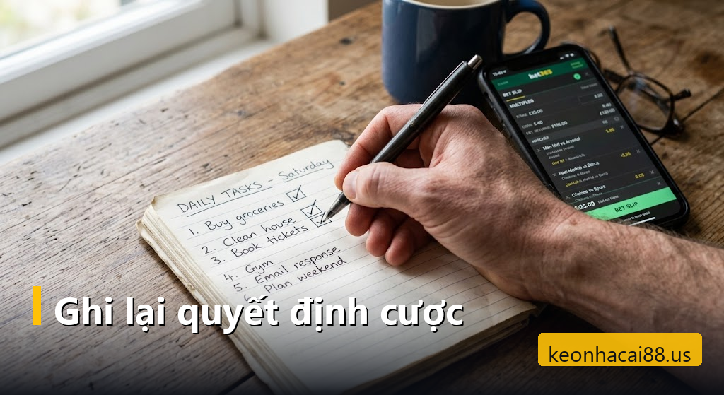 Soi kèo châu Á: quy trình 5 bước đọc và kiểm chứng một dòng kèo chấp trước khi xuống tiền 6 Bàn tay tích vào danh sách kiểm tra trong sổ tay bên cạnh phiếu cược hiển thị trên điện thoại